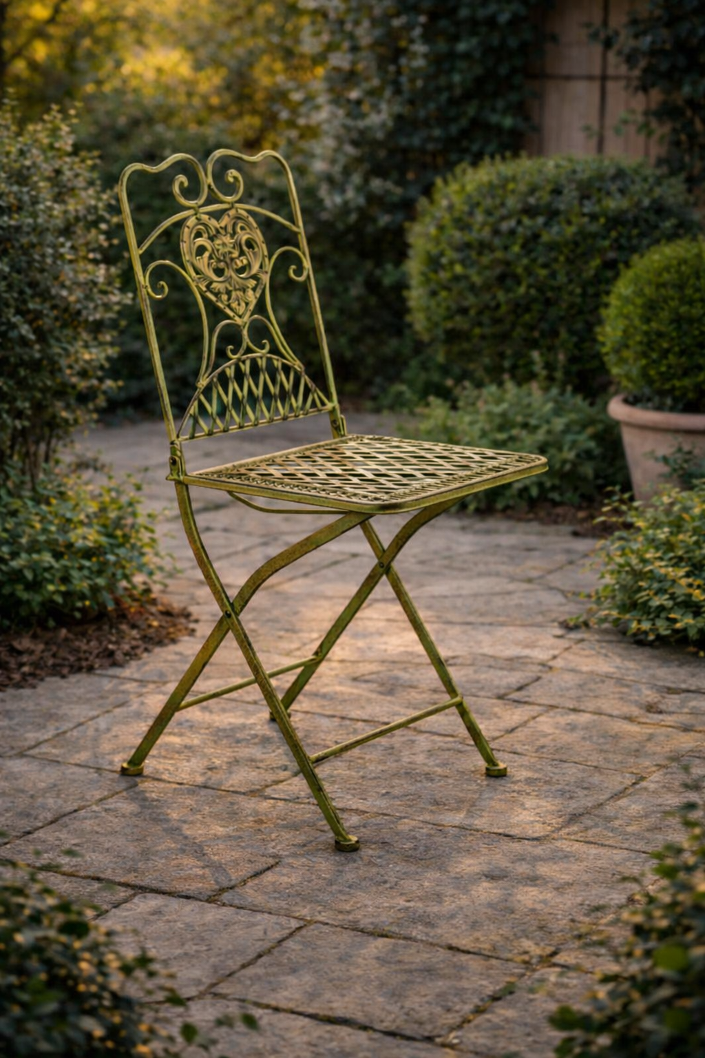 Scaun pliabil din fier forjat verde, rezistent la exterior - imagine 2