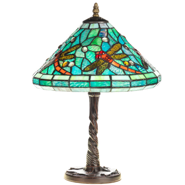Lampă de masă Tiffany, vitraliu în nuanțe de verde și turcoaz
